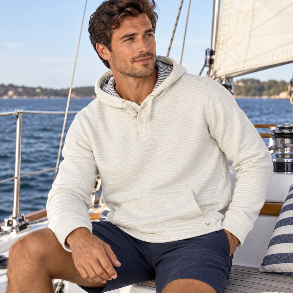 Marine Layer Montecito Beach Hoodie Mens Medium Cream Good Striped Henley